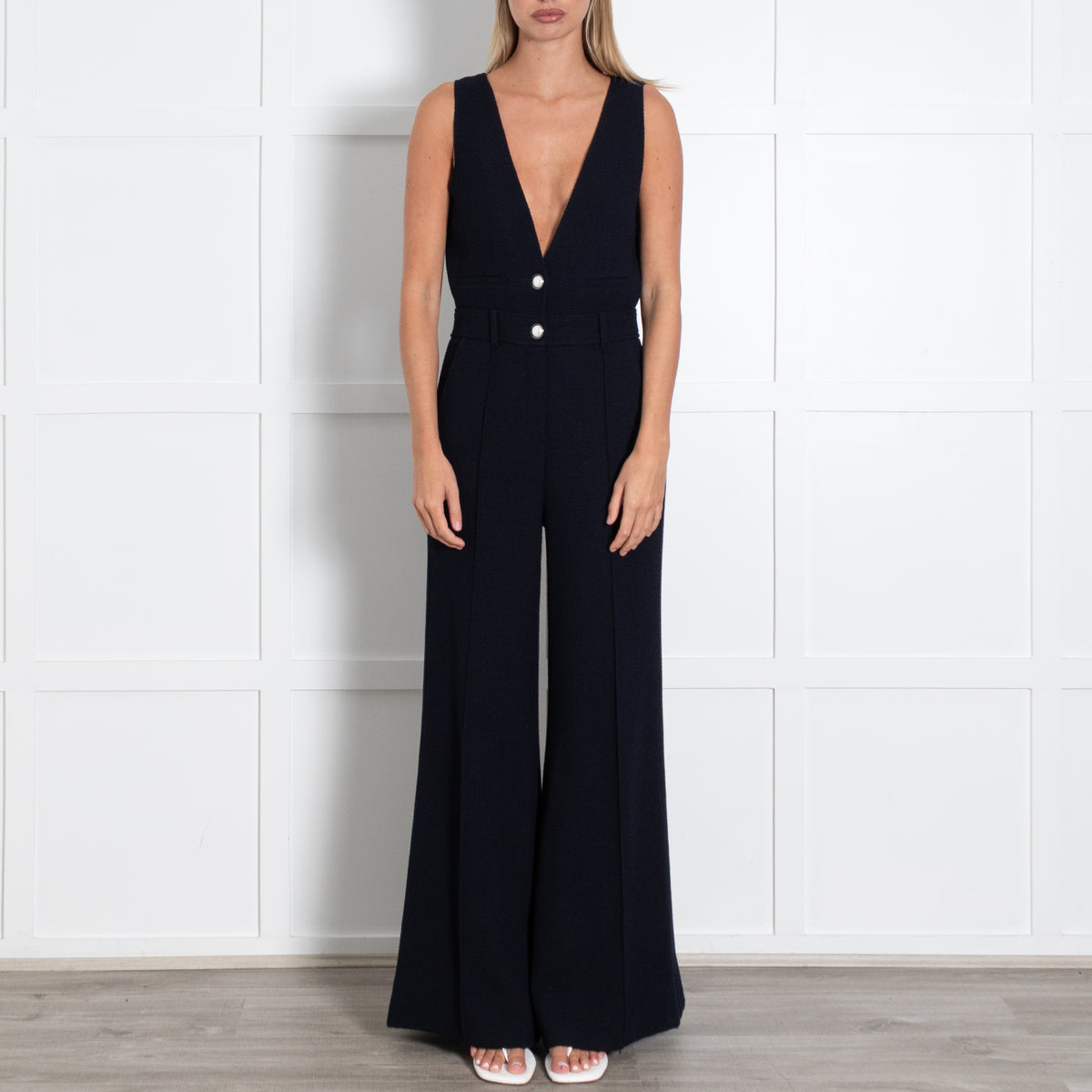Me + Em Blue Sleeveless Textured White Pearl Wide Leg Jumpsuit