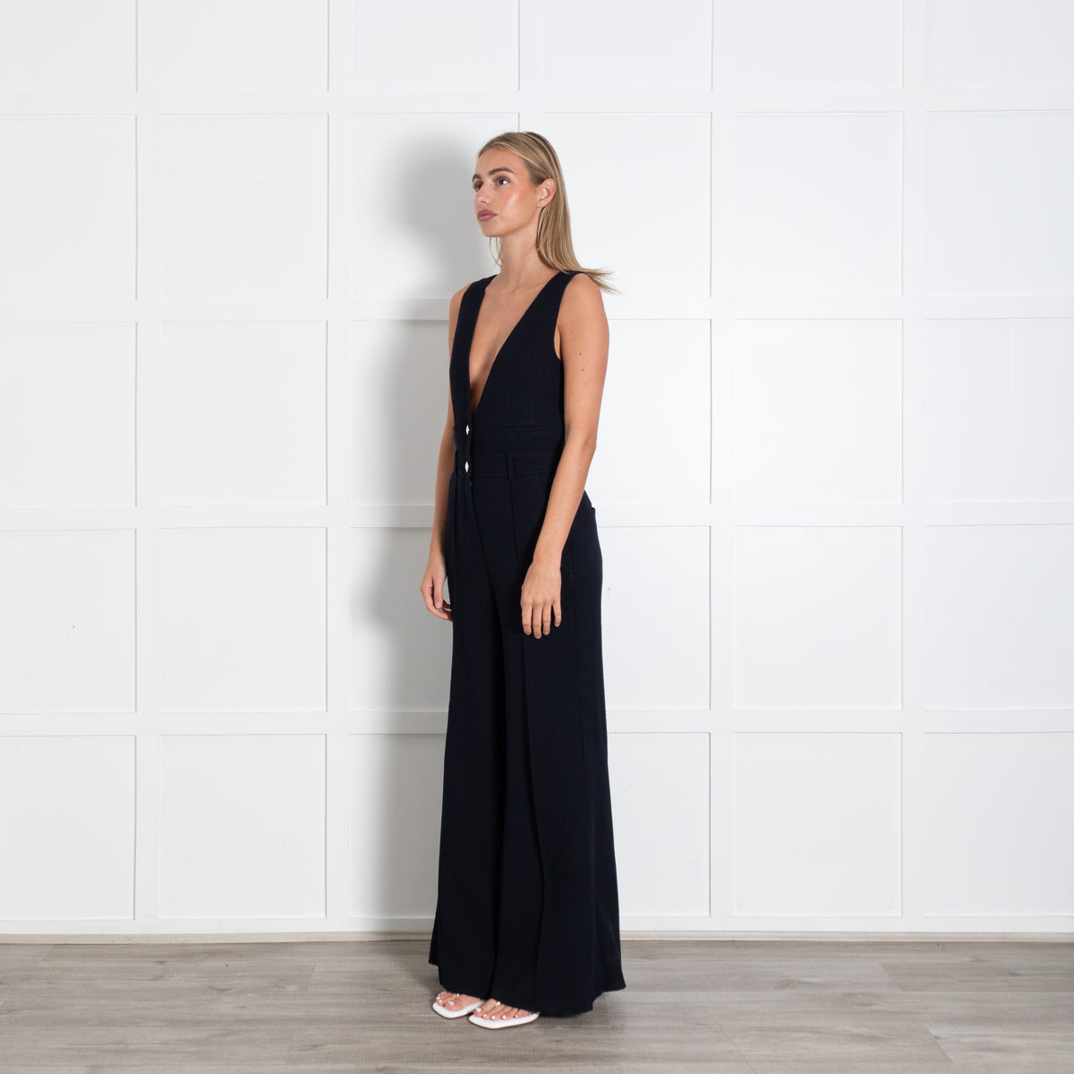Me + Em Blue Sleeveless Textured White Pearl Wide Leg Jumpsuit
