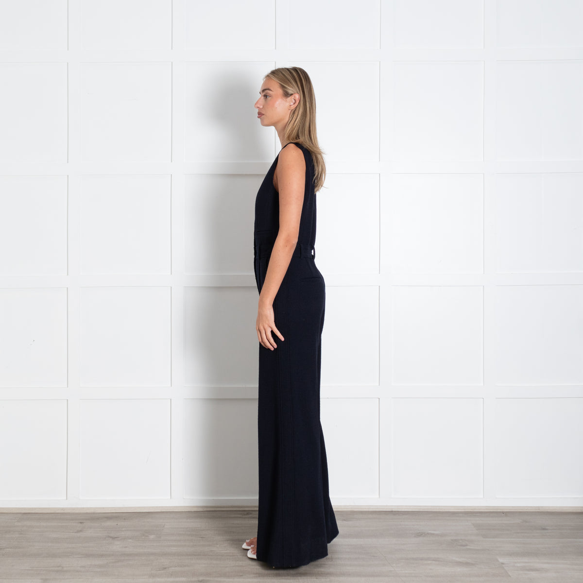 Me + Em Blue Sleeveless Textured White Pearl Wide Leg Jumpsuit