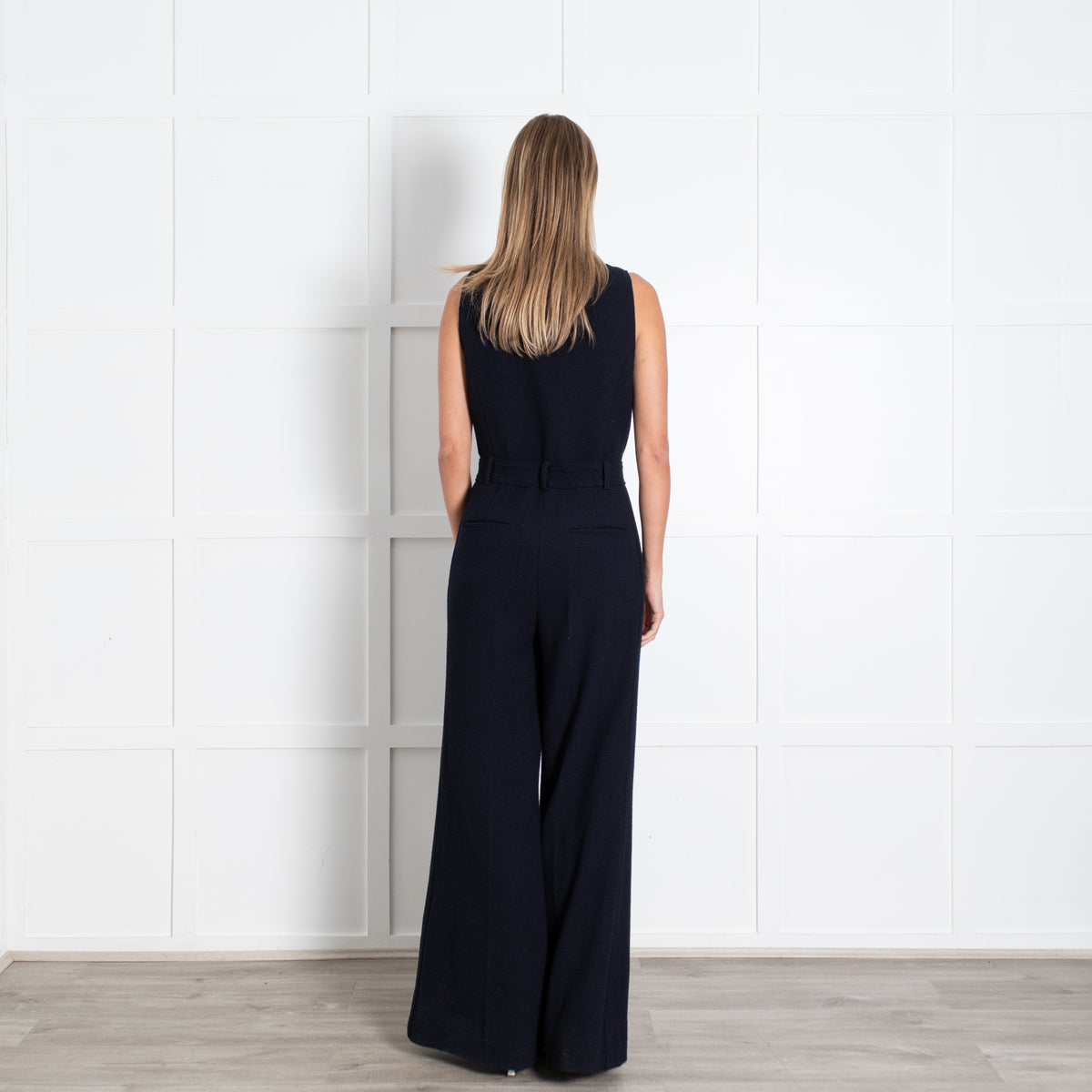Me + Em Blue Sleeveless Textured White Pearl Wide Leg Jumpsuit