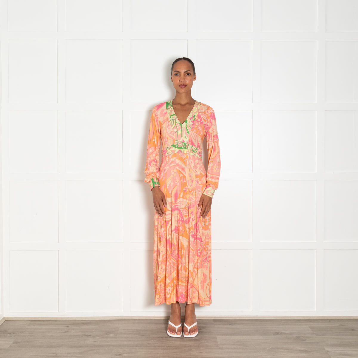 Rixo Orange, Pink and Green Swirl Print Jersey Midi Dress
