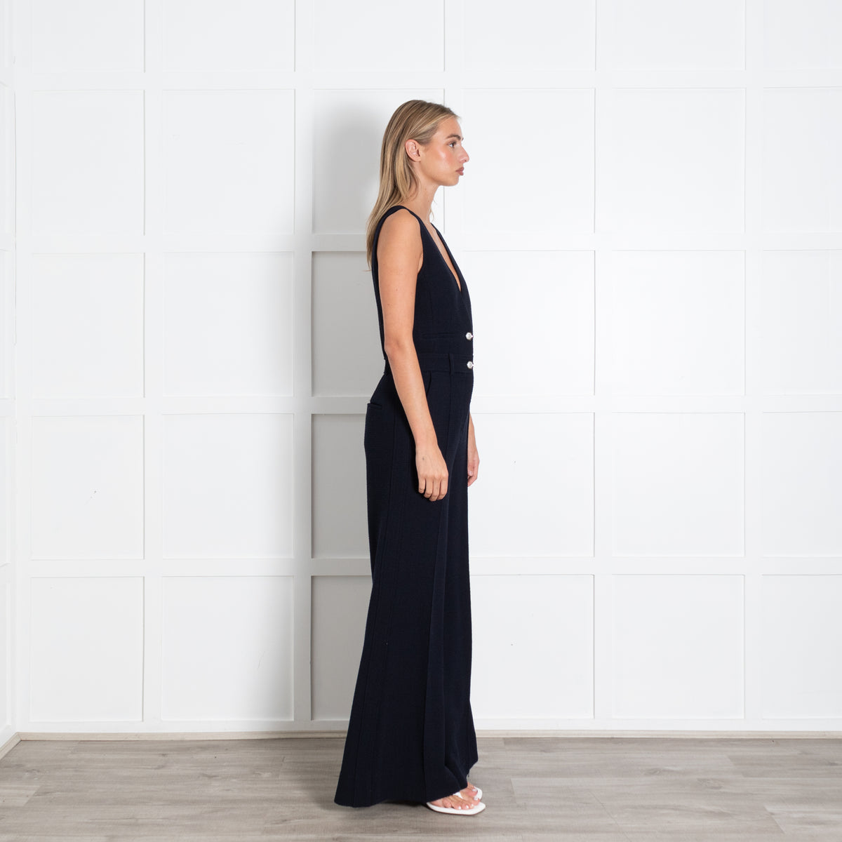 Me + Em Blue Sleeveless Textured White Pearl Wide Leg Jumpsuit