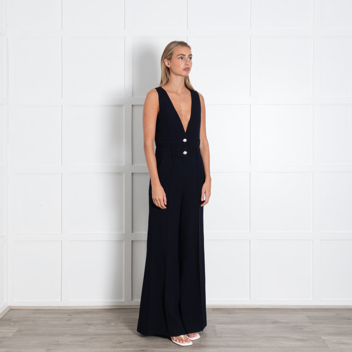 Me + Em Blue Sleeveless Textured White Pearl Wide Leg Jumpsuit