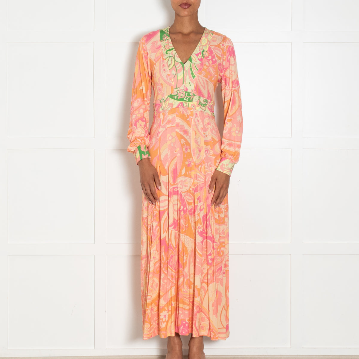 Rixo Orange, Pink and Green Swirl Print Jersey Midi Dress