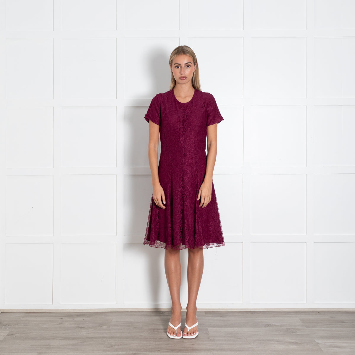 Burberry Burgundy Lace Short Sleeve Dress