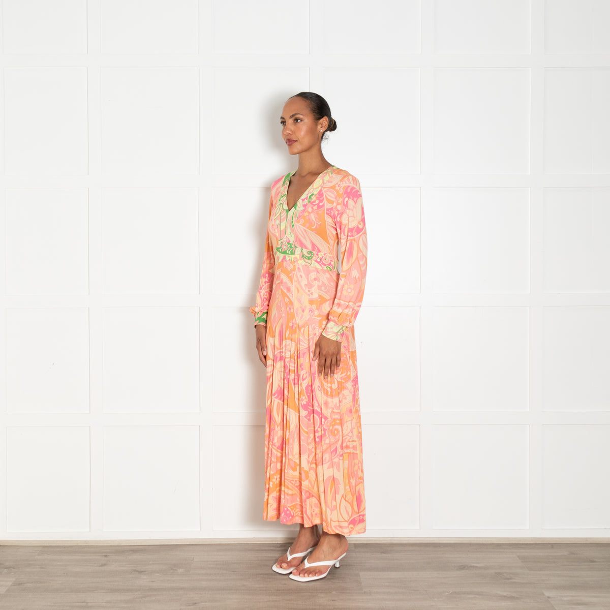 Rixo Orange, Pink and Green Swirl Print Jersey Midi Dress