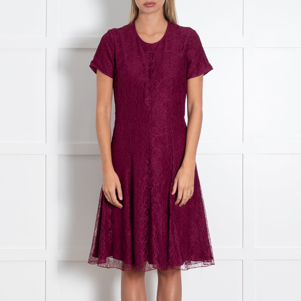 Burberry Burgundy Lace Short Sleeve Dress