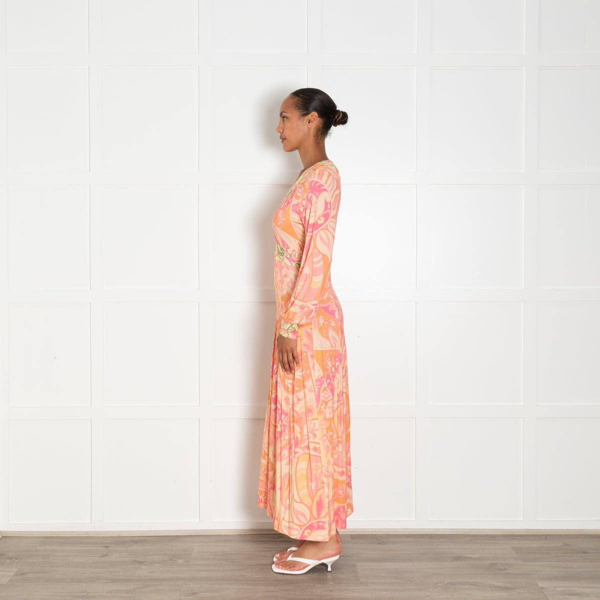 Rixo Orange, Pink and Green Swirl Print Jersey Midi Dress