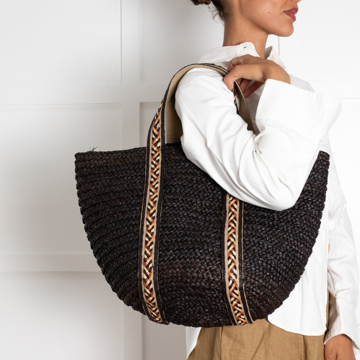 Sans Arcidet Chocolate Brown Woven Straw Tote Bag With Braided Handles