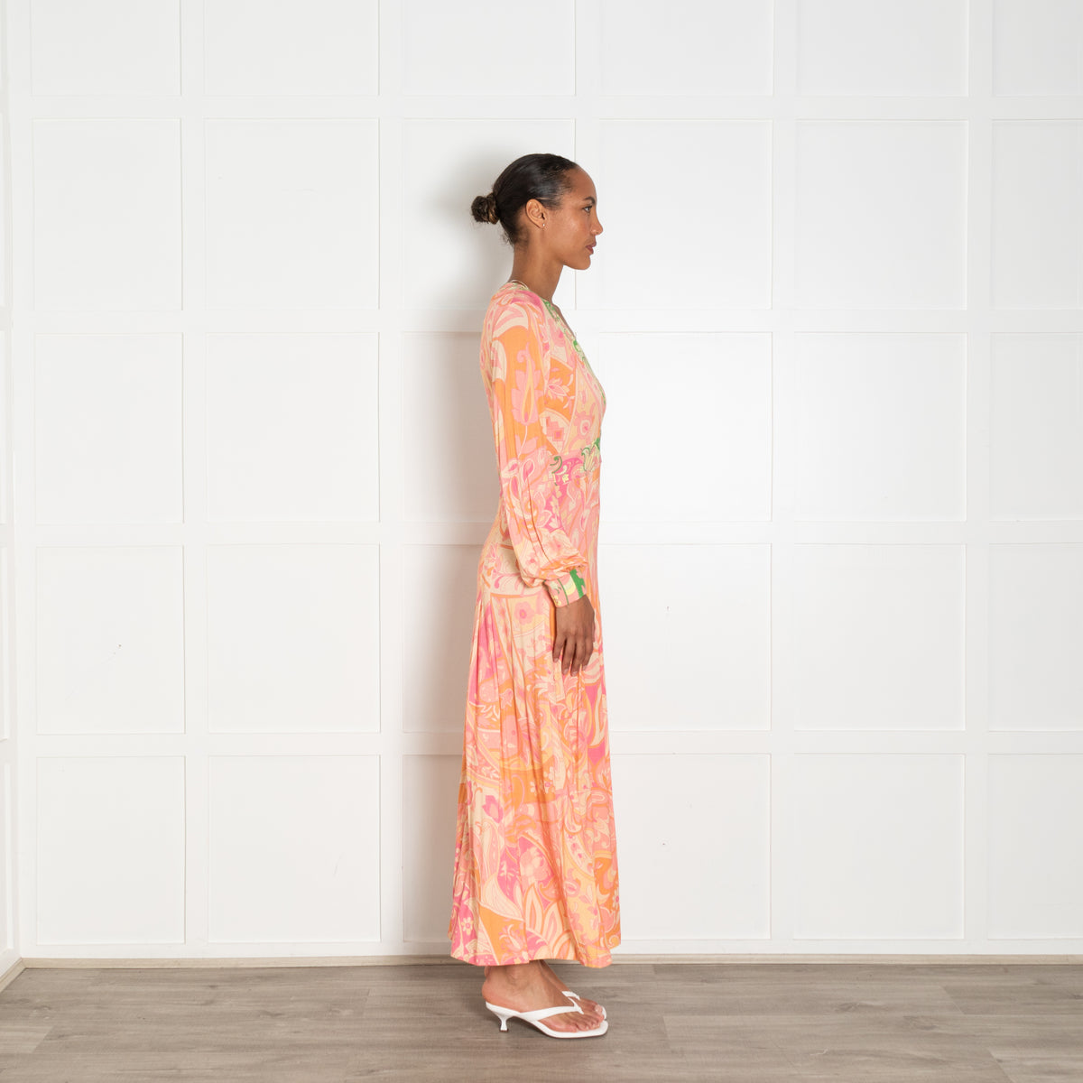 Rixo Orange, Pink and Green Swirl Print Jersey Midi Dress