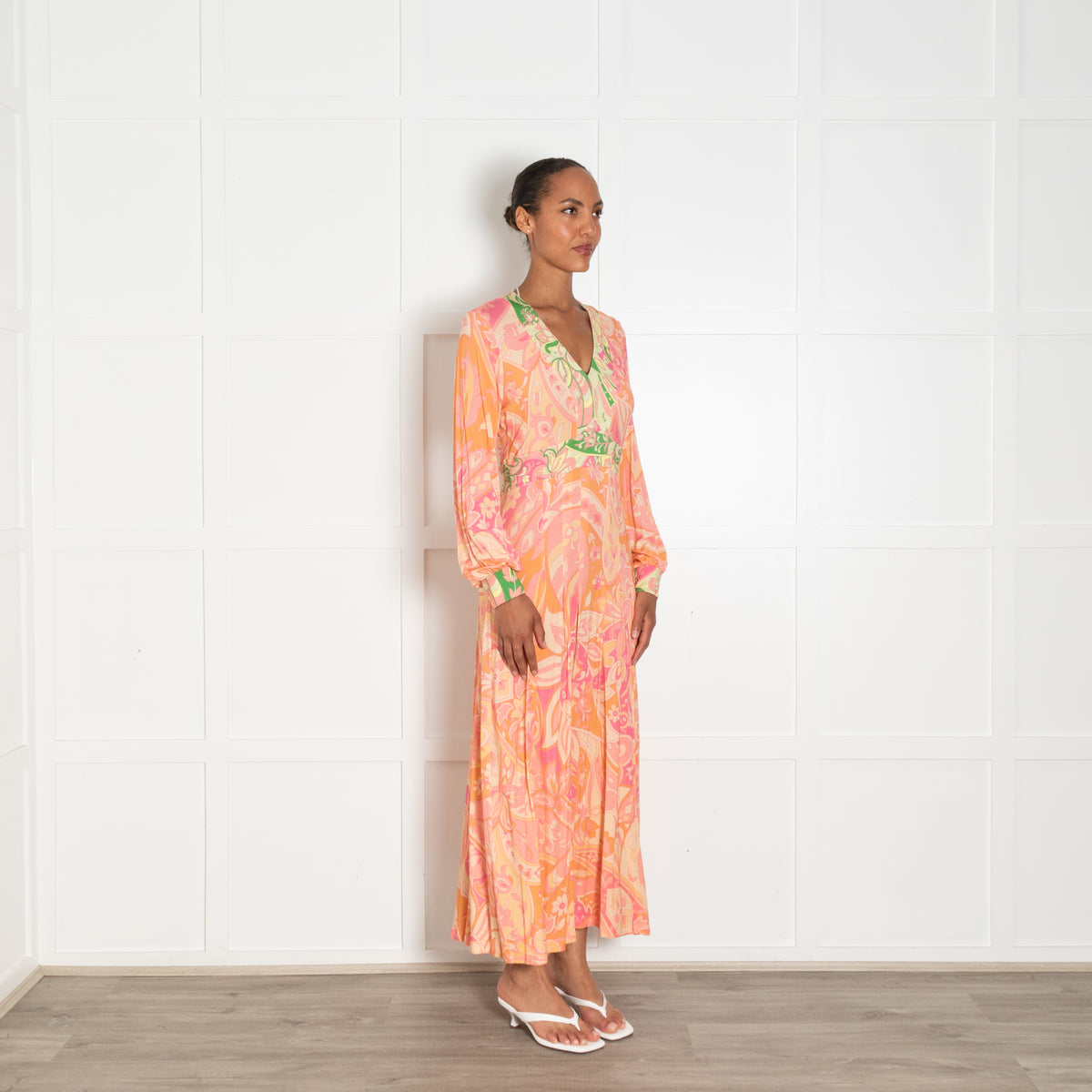 Rixo Orange, Pink and Green Swirl Print Jersey Midi Dress