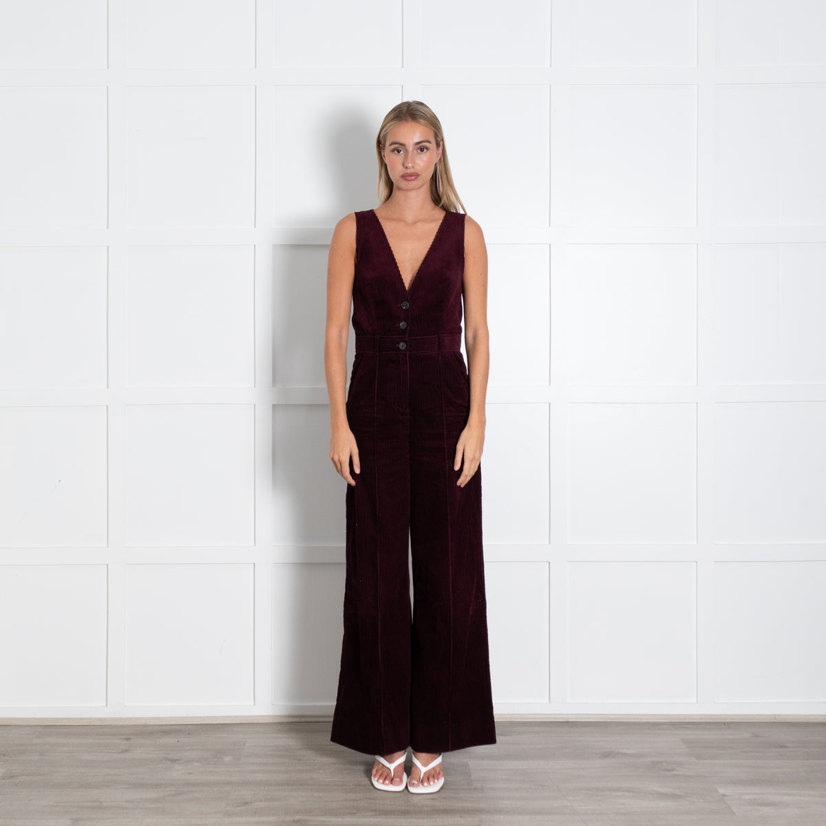 Me + Em Burgundy Corduroy Sleeveless Three Buttons Jumpsuit