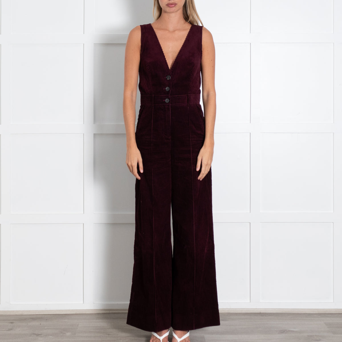 Me + Em Burgundy Corduroy Sleeveless Three Buttons Jumpsuit