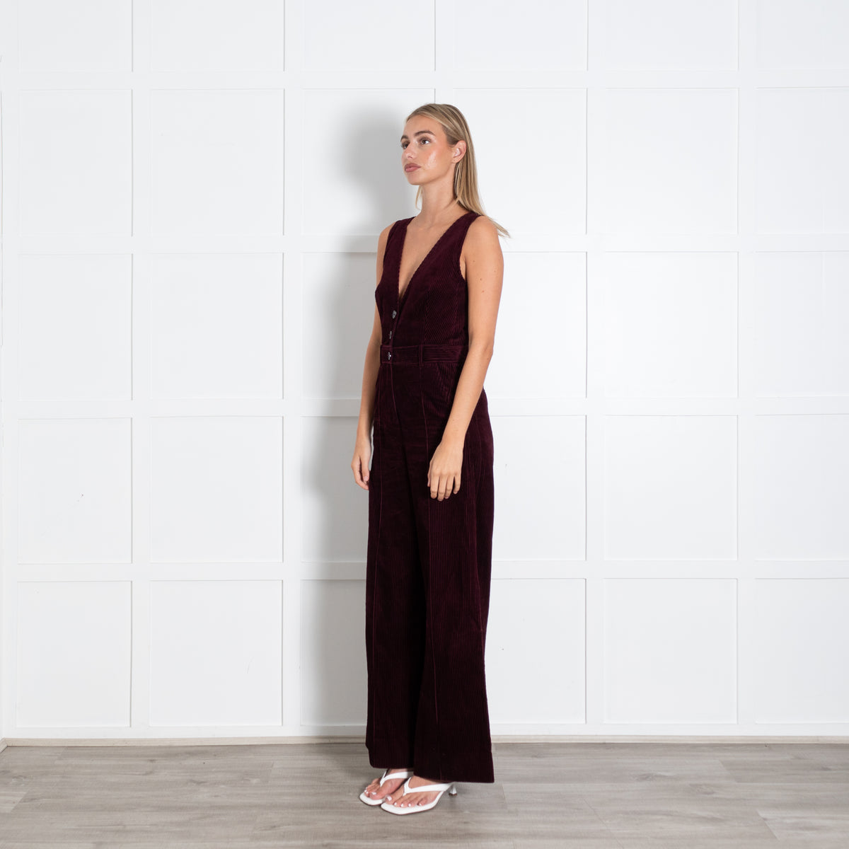Me + Em Burgundy Corduroy Sleeveless Three Buttons Jumpsuit