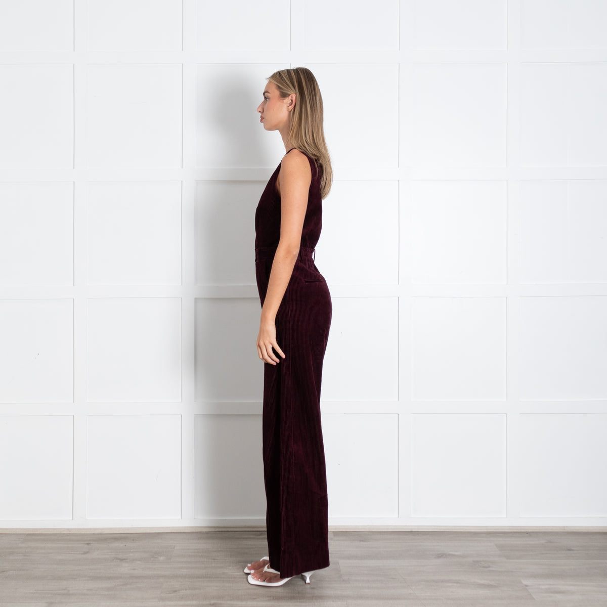 Me + Em Burgundy Corduroy Sleeveless Three Buttons Jumpsuit