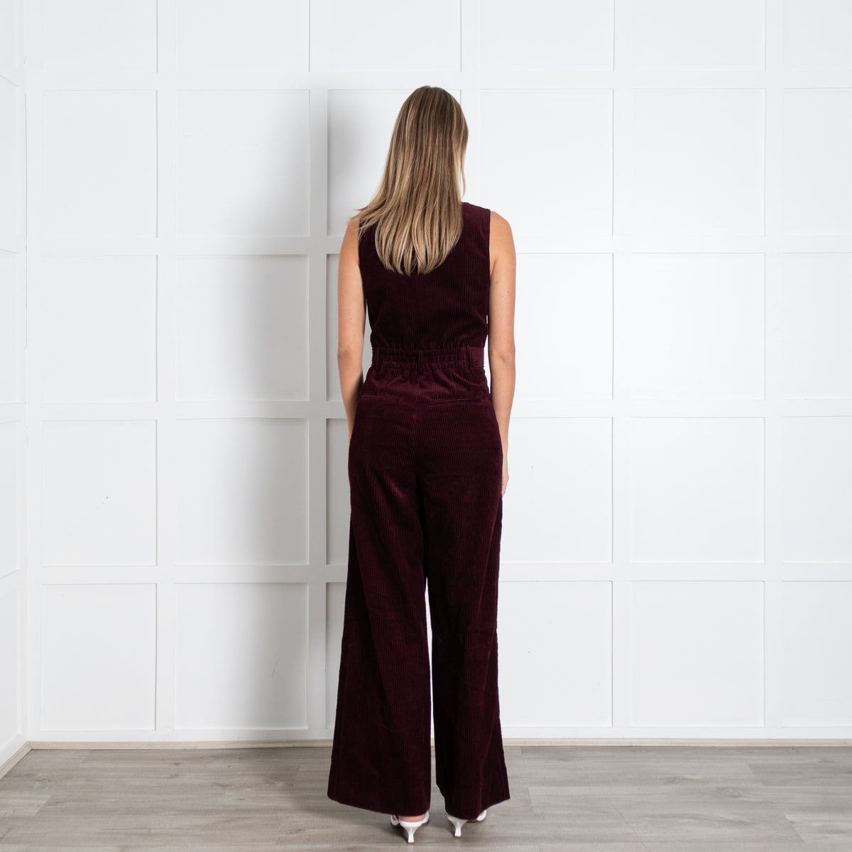 Me + Em Burgundy Corduroy Sleeveless Three Buttons Jumpsuit