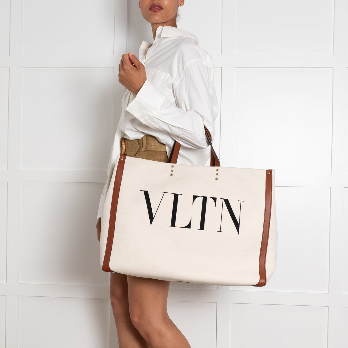Valentino Off White Brown Canvas And Leather Large Rockstud VLTN Tote