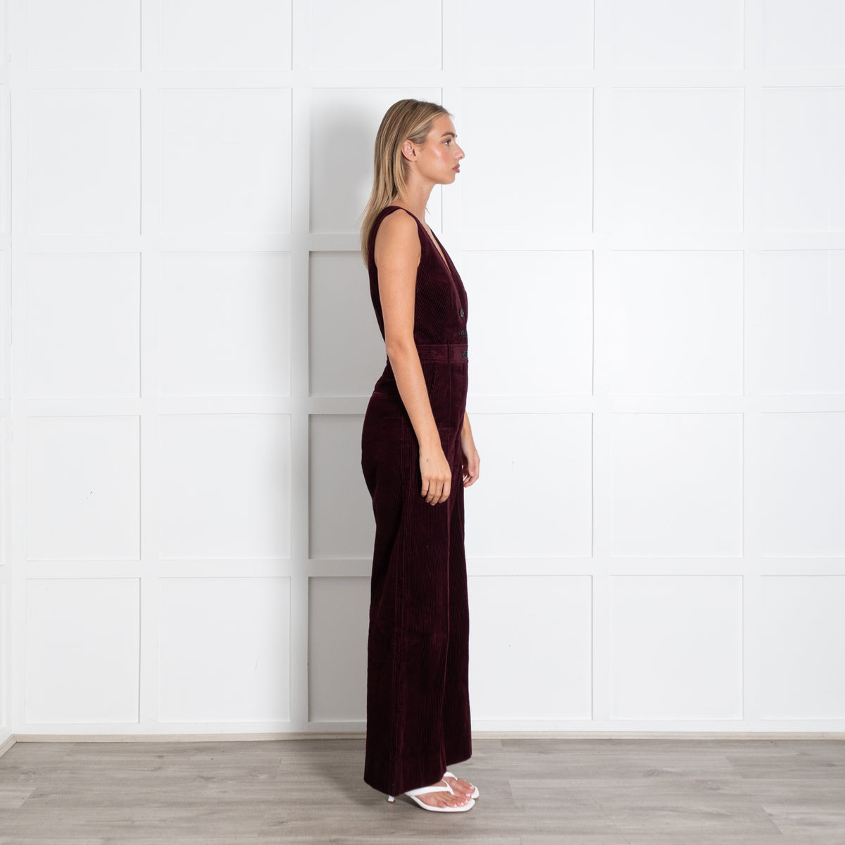 Me + Em Burgundy Corduroy Sleeveless Three Buttons Jumpsuit