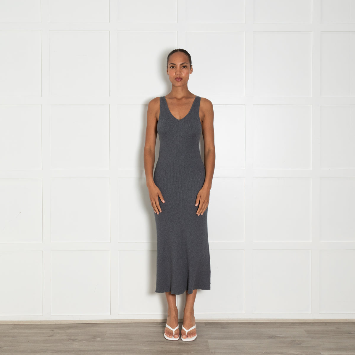 Remain Grey Ribbed Knit V Neck Fitted Maxi Dress