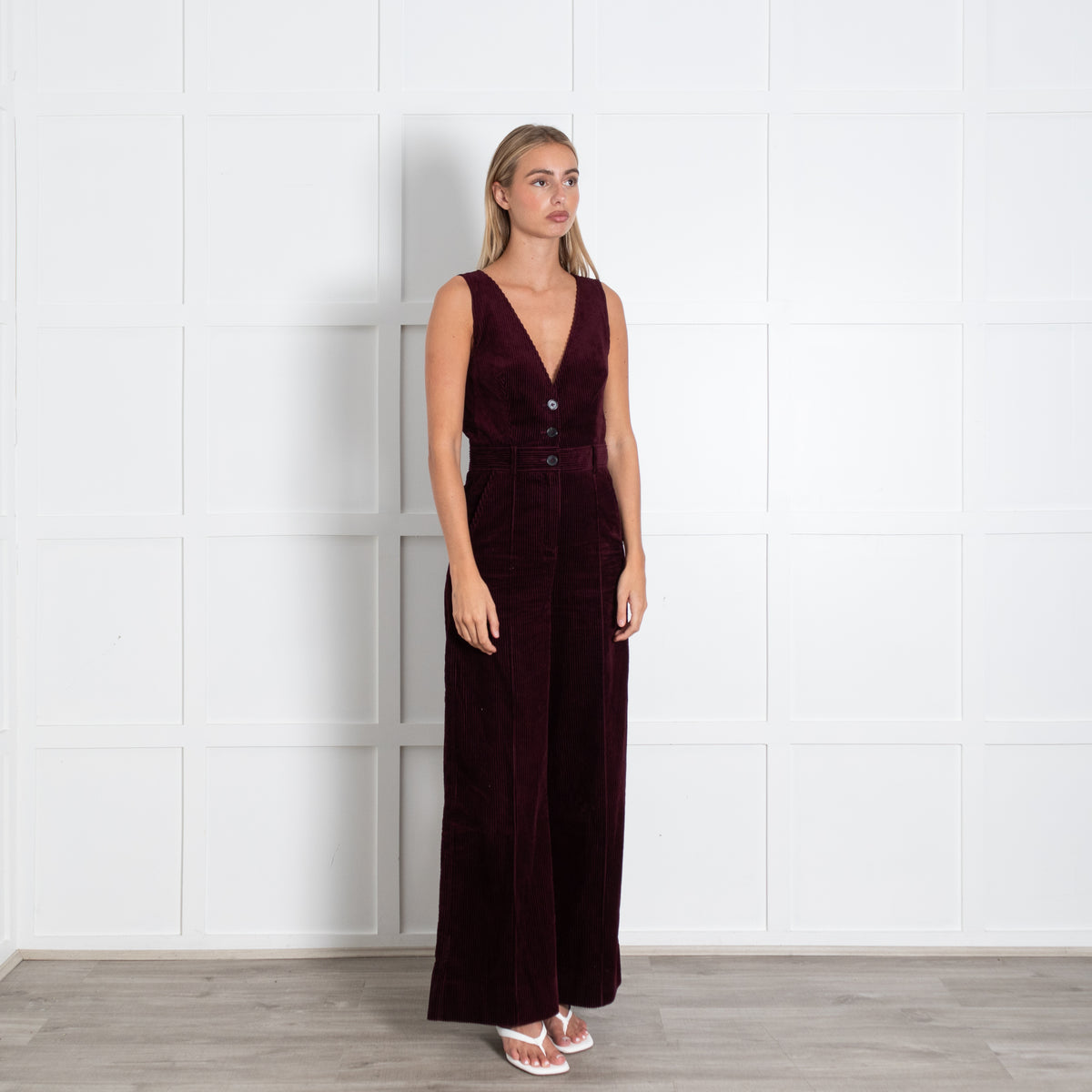 Me + Em Burgundy Corduroy Sleeveless Three Buttons Jumpsuit