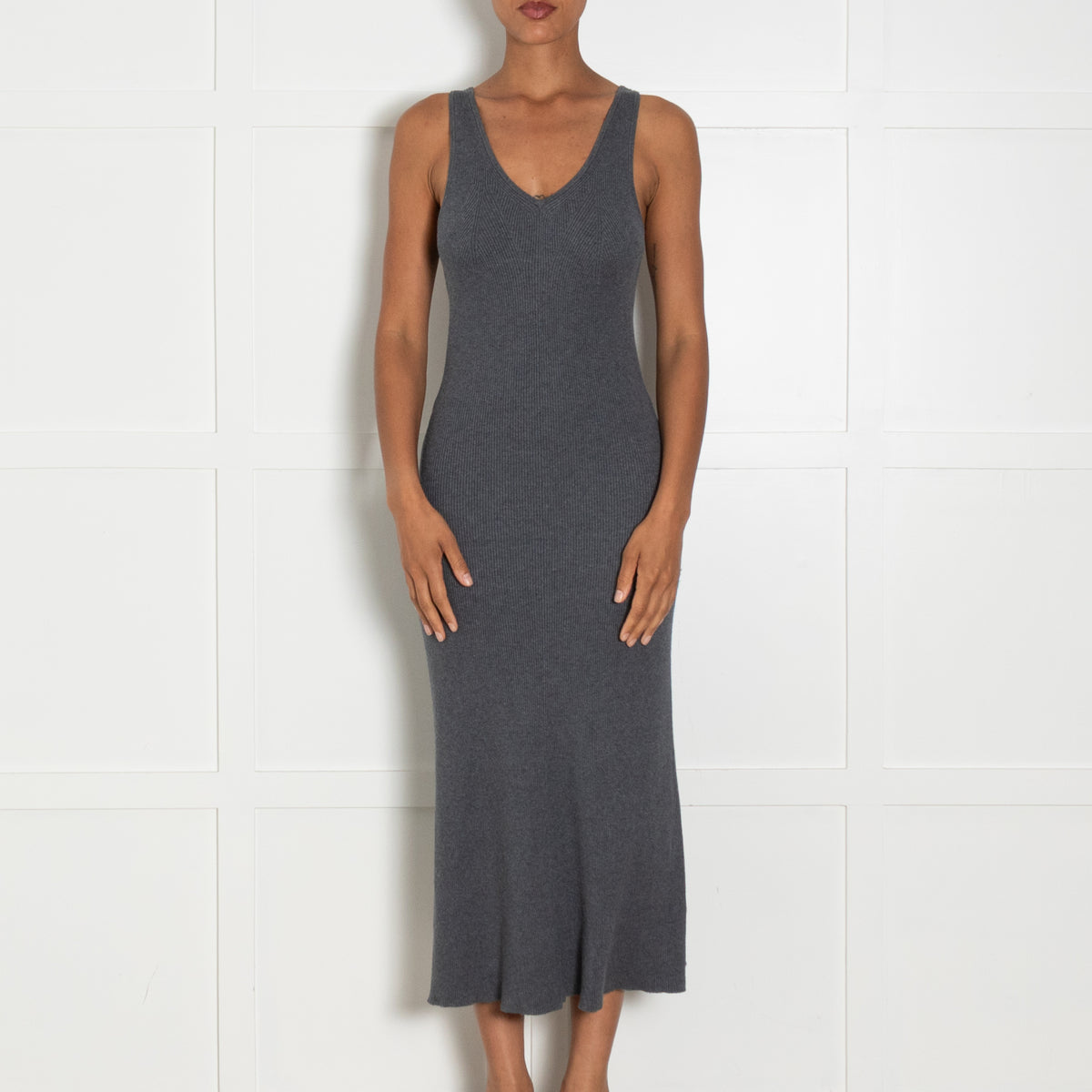 Remain Grey Ribbed Knit V Neck Fitted Maxi Dress