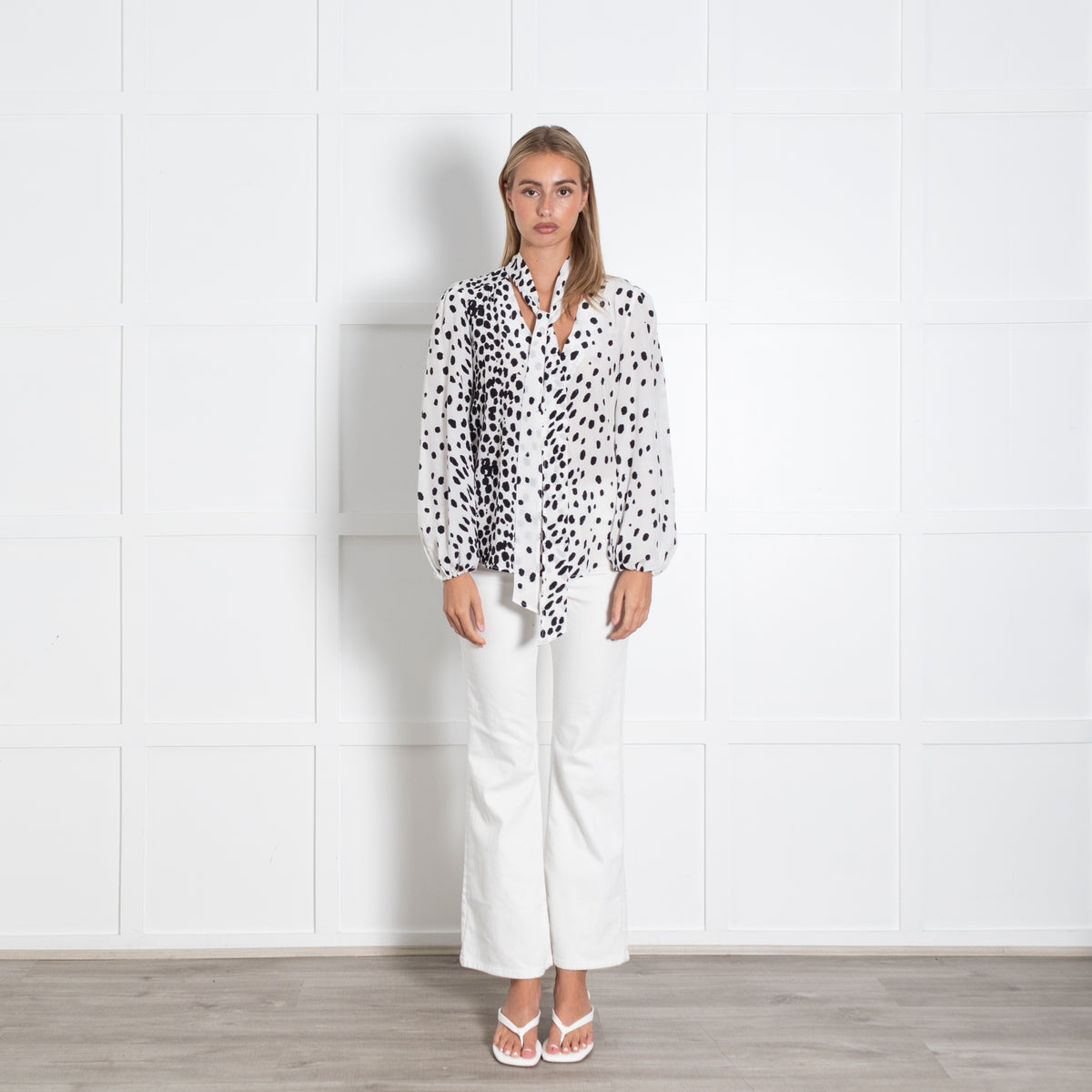 Rixo White And Black Leopard Print Silk Blouse With Tie Neck