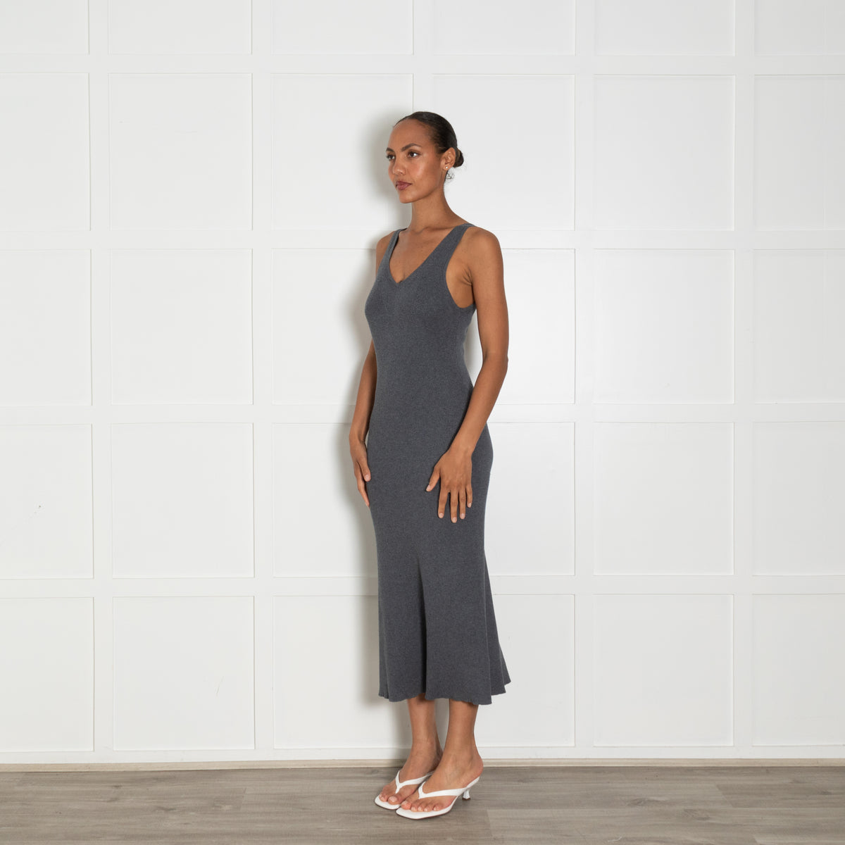 Remain Grey Ribbed Knit V Neck Fitted Maxi Dress