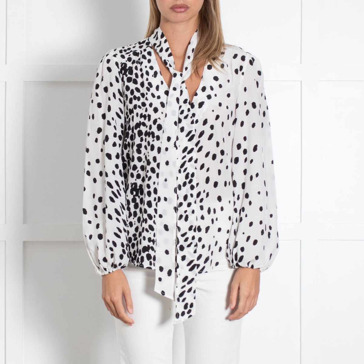 Rixo White And Black Leopard Print Silk Blouse With Tie Neck