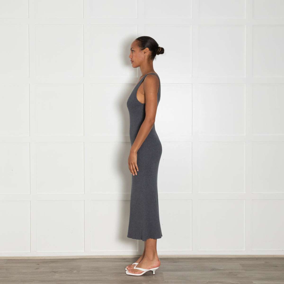 Remain Grey Ribbed Knit V Neck Fitted Maxi Dress