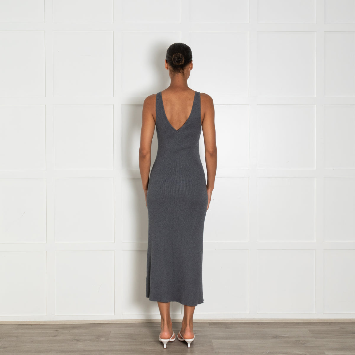 Remain Grey Ribbed Knit V Neck Fitted Maxi Dress