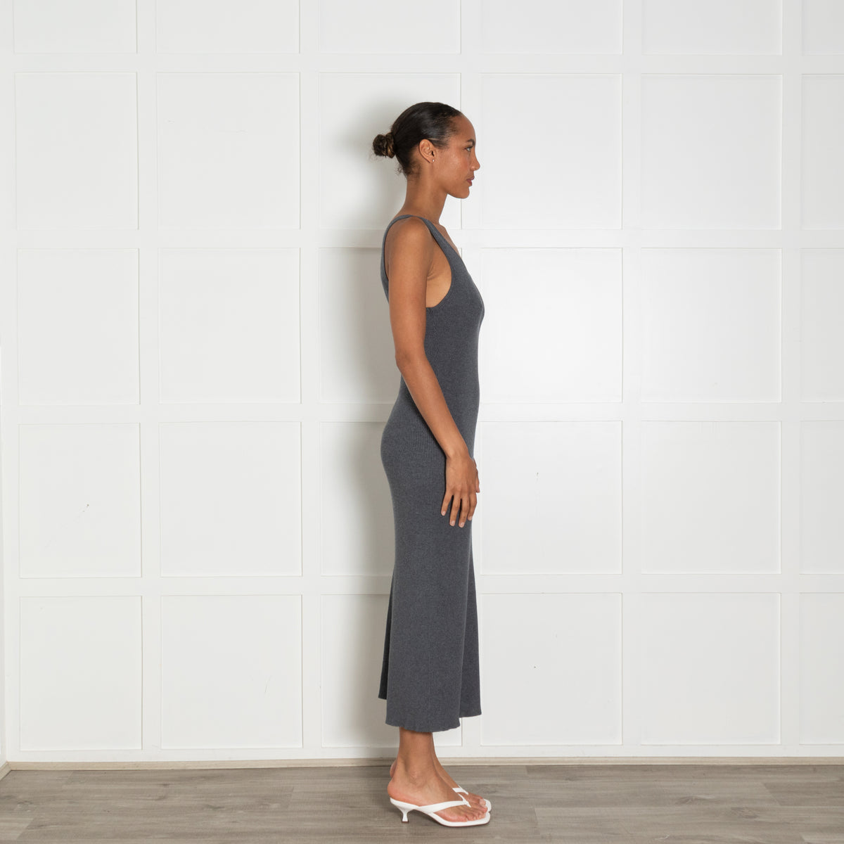 Remain Grey Ribbed Knit V Neck Fitted Maxi Dress