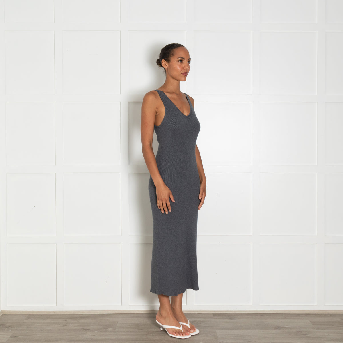 Remain Grey Ribbed Knit V Neck Fitted Maxi Dress