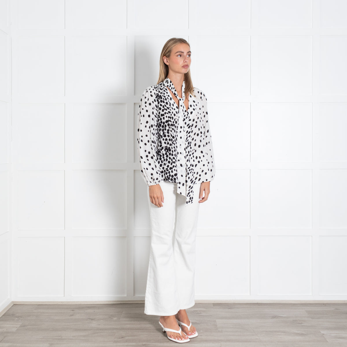 Rixo White And Black Leopard Print Silk Blouse With Tie Neck