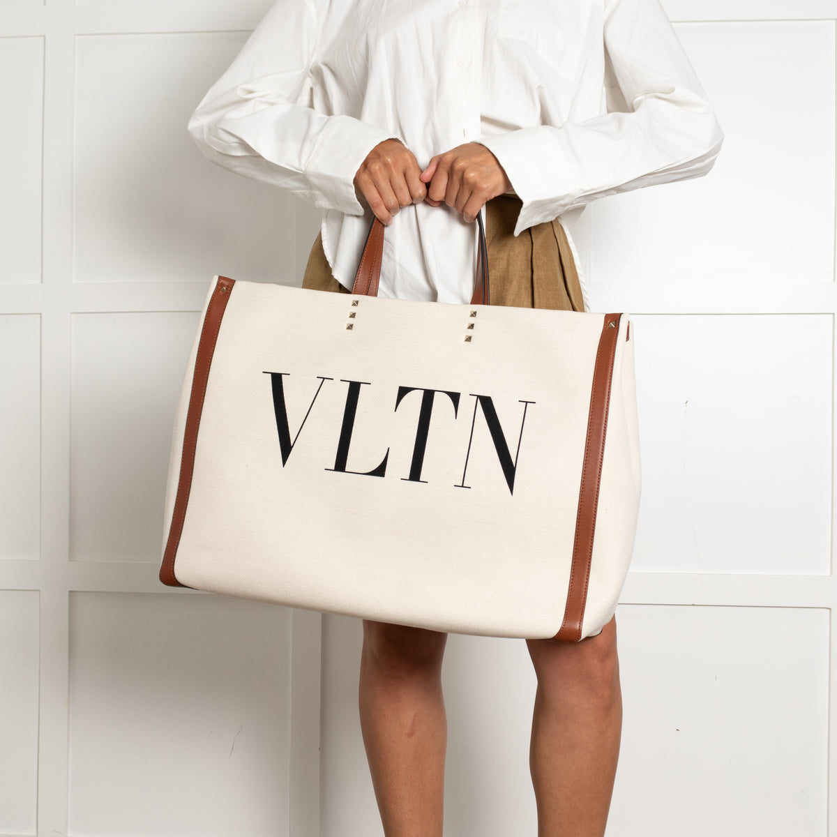Valentino Off White Brown Canvas And Leather Large Rockstud VLTN Tote