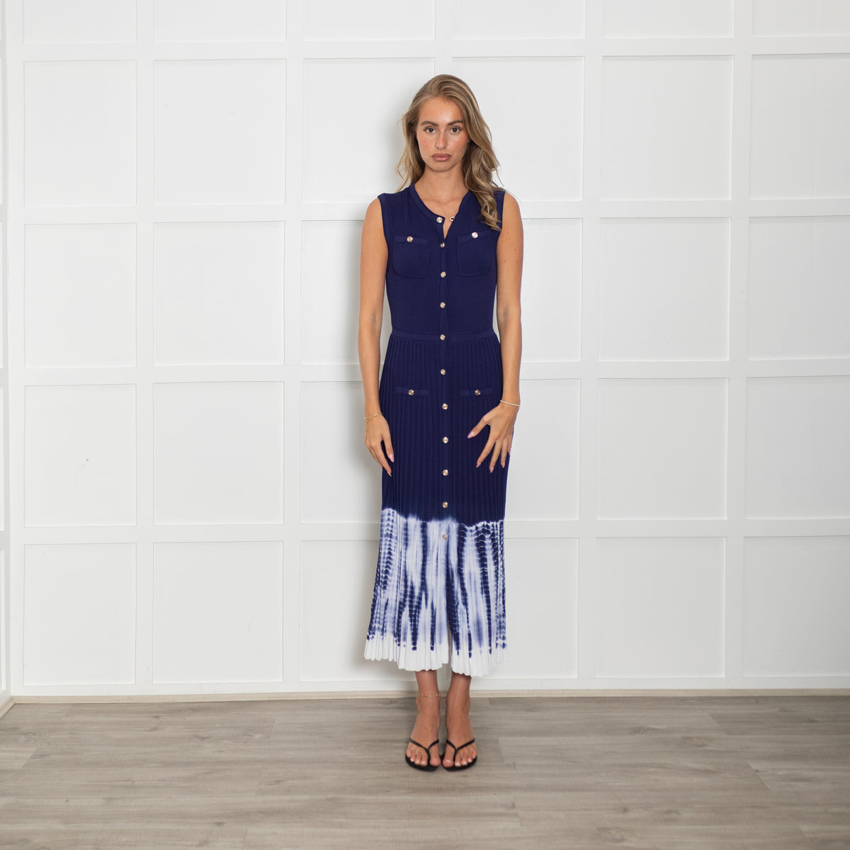 Maje Navy Collarless Midi Dress with Tie Dye Skirt
