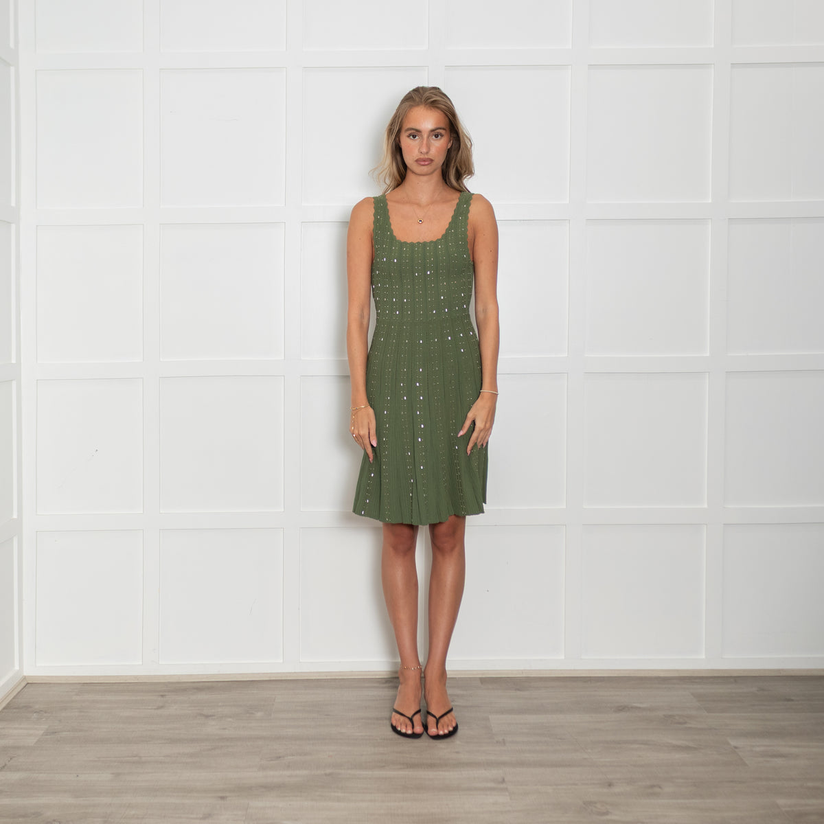 Sandro Green Knitted Mini Dress with Scattered Jewels