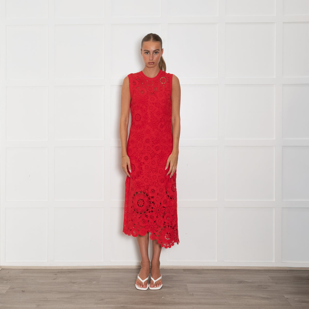 Me + Em Red Crochet Midi Dress with Slip