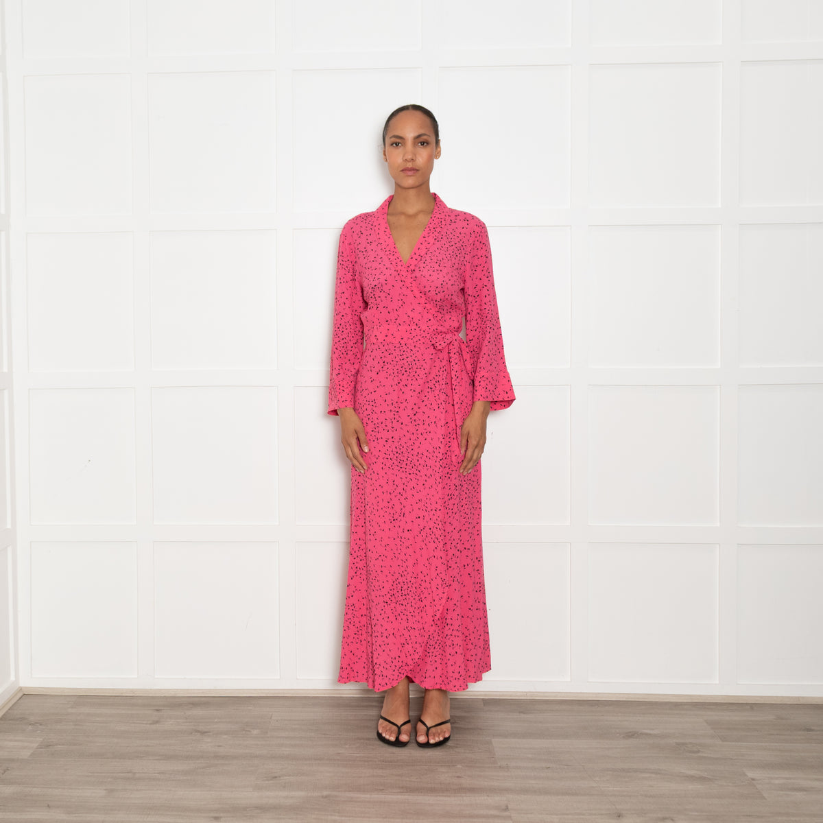 Ganni Pink With Black Print Barra Wrap Dress