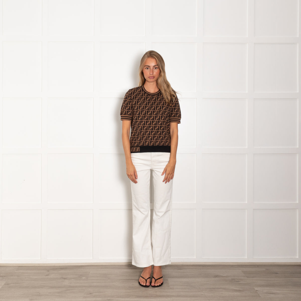 Fendi Brown Black FF Logo Short Sleeve Knit Top