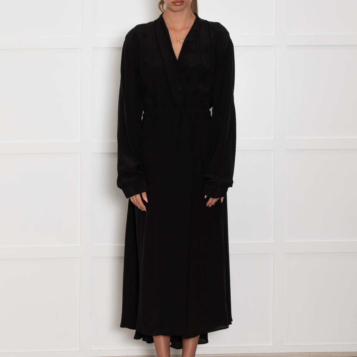 Raey Black Silk Long Sleeve Wrap Maxi Dress