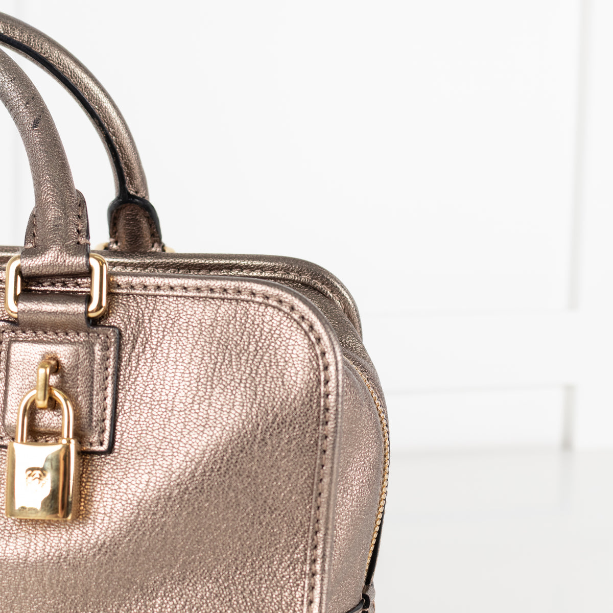 Close up of Loewe Gold Tone Amazona Bag gold hardware and white background.
