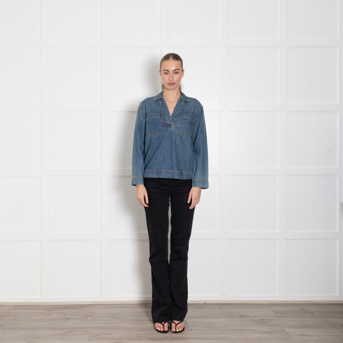 Madewell Blue Denim Front Pocket Long Sleeve Top