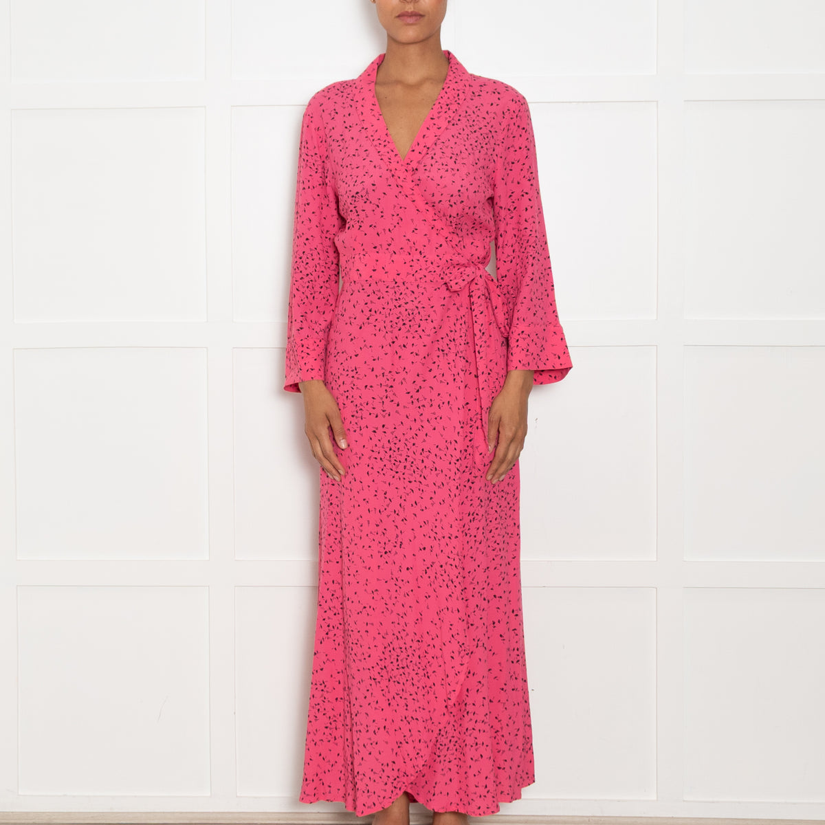 Ganni Pink With Black Print Barra Wrap Dress