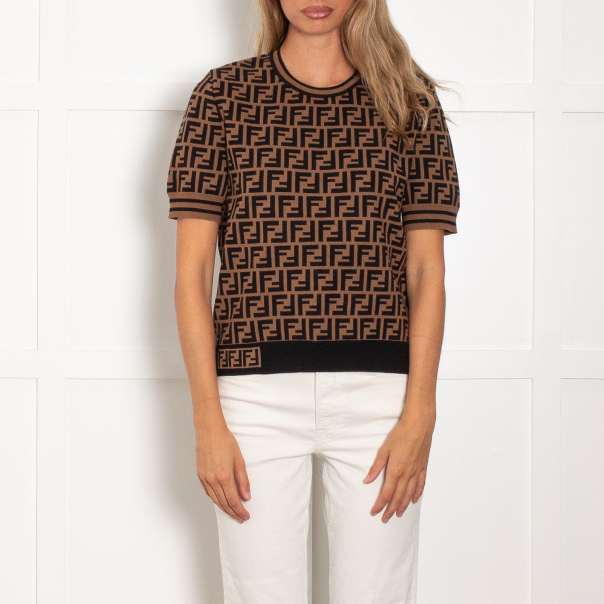 Fendi Brown Black FF Logo Short Sleeve Knit Top