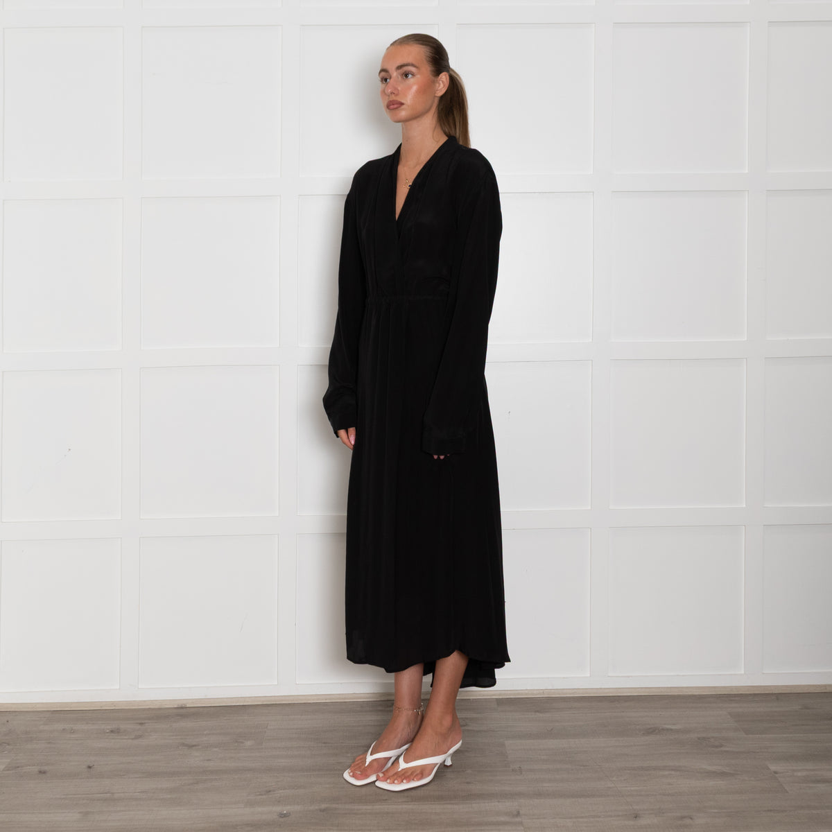 Raey Black Silk Long Sleeve Wrap Maxi Dress