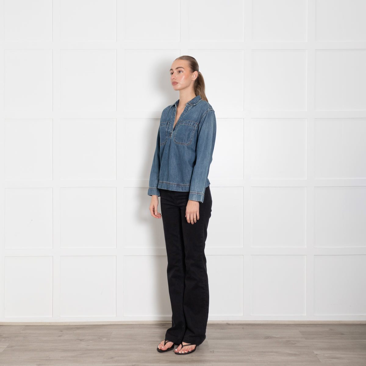 Madewell Blue Denim Front Pocket Long Sleeve Top