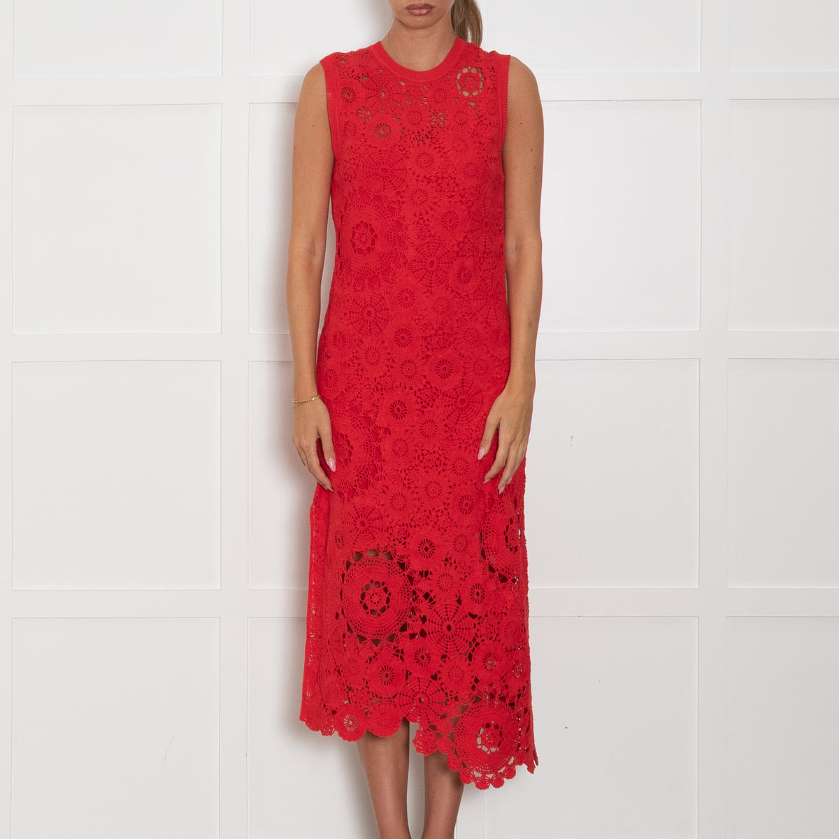 Me + Em Red Crochet Midi Dress with Slip