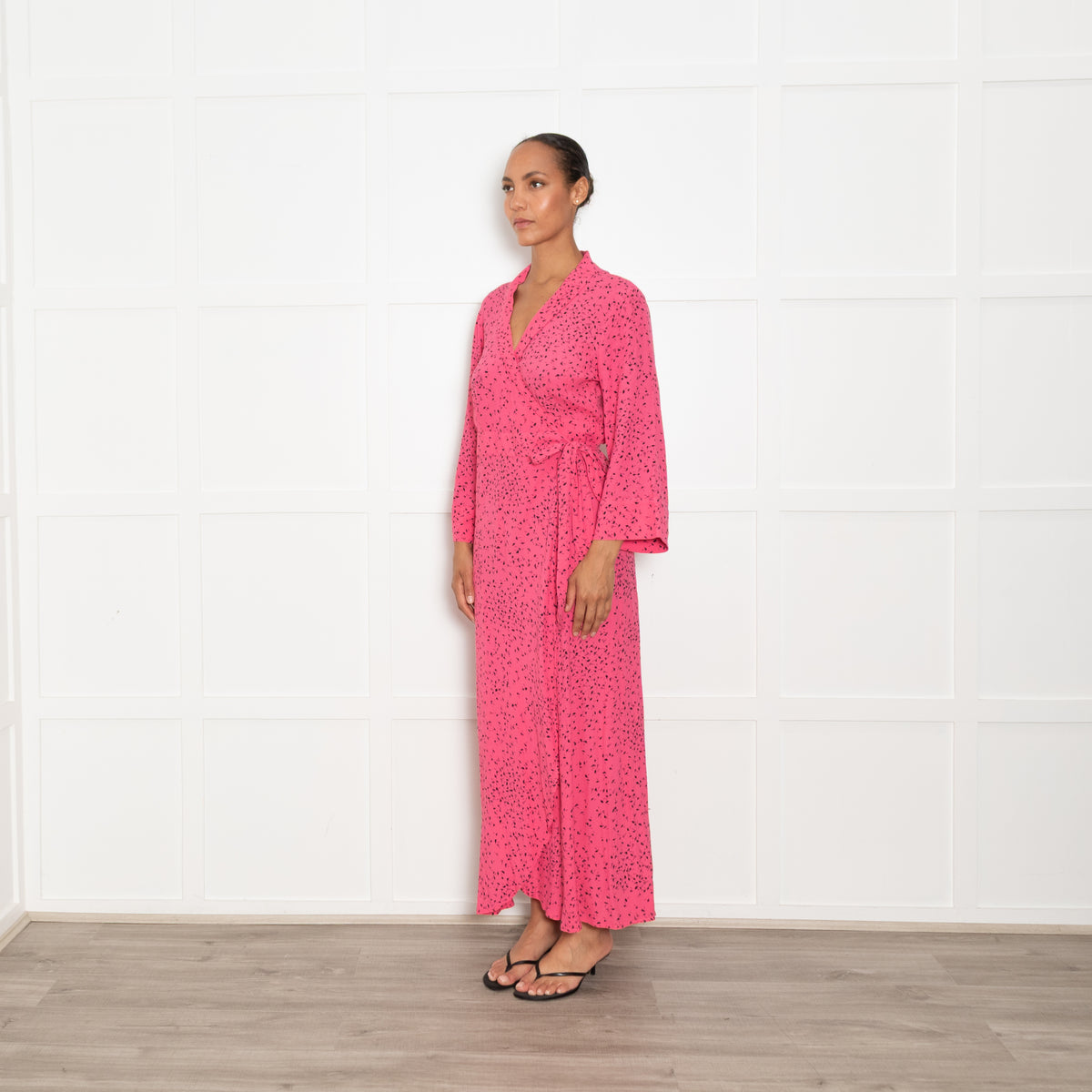 Ganni Pink With Black Print Barra Wrap Dress