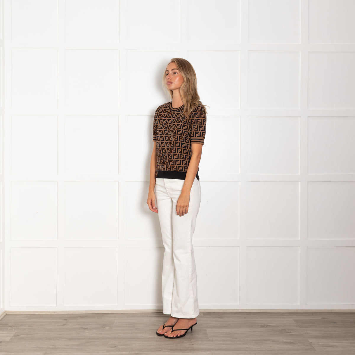 Fendi Brown Black FF Logo Short Sleeve Knit Top