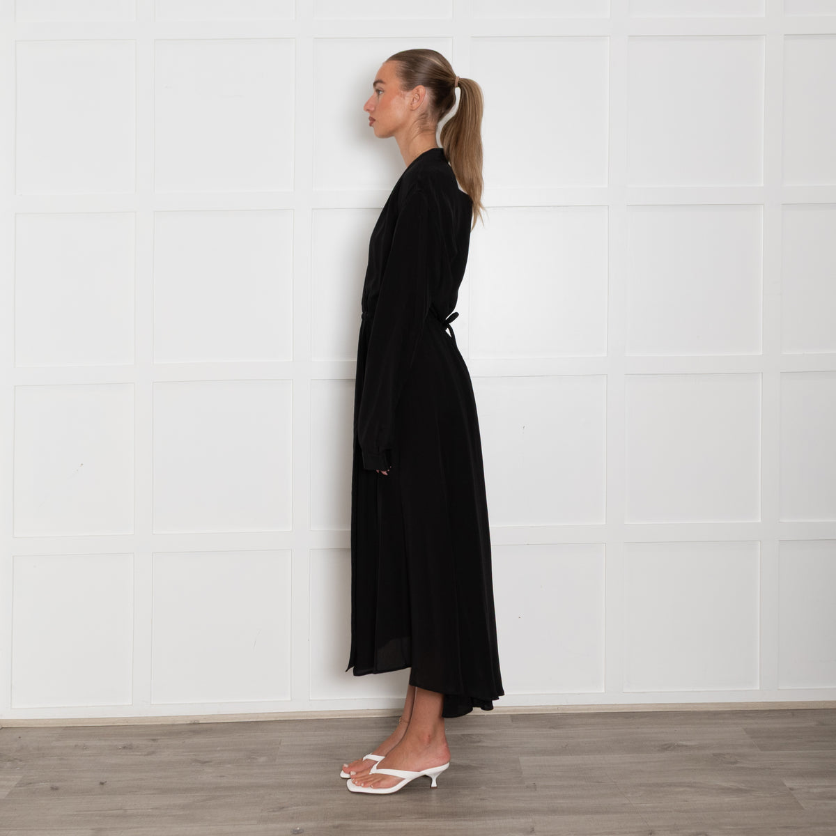 Raey Black Silk Long Sleeve Wrap Maxi Dress